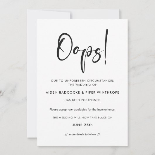 Moderne trendy typografie Oops trouwupdate Kaart (Voorkant)