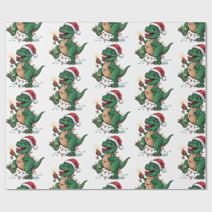 Moderne trendy vrolijke kerst dinosaurus Santa Hat Cadeaupapier
