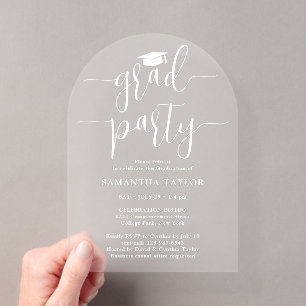 Moderne Trendy Witte Script Grad Feest Transparant Acryl Uitnodigingen