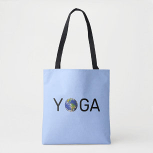 Moderne trendy yoga-aarde op lichtblauw draagtas