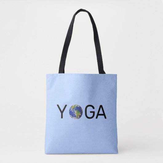 Moderne trendy yoga-aarde op lichtblauw draagtas (Voorkant)