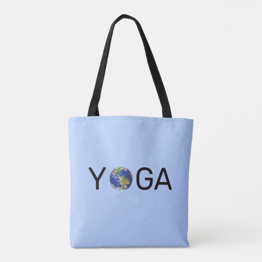 Moderne trendy yoga-aarde op lichtblauw draagtas (Achterkant)