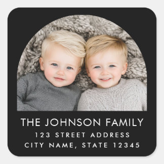 Moderne trendy zwart retouradres met foto boog vierkante sticker