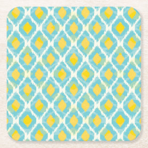 Moderne tribale ikat blue yellow mode vierkante kartonnen onderzetter