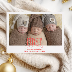 Moderne Triplets Eerste Kerst Custom Photo Feestdagenkaart
