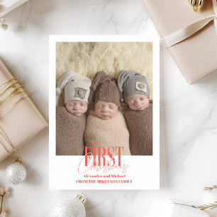 Moderne Triplets Eerste Kerst Custom Photo Feestdagenkaart