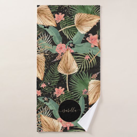 Moderne Tropical Green Palm Flowers Monogramme Noi (Serviette de bain)