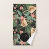 Moderne Tropical Green Palm Flowers Monogramme Noi (Serviette à main)