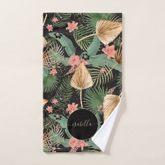 Moderne Tropical Green Palm Flowers Monogramme Noi (Serviette à main)