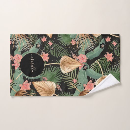 Moderne Tropical Green Palm Flowers Monogramme Noi (Serviette à main)