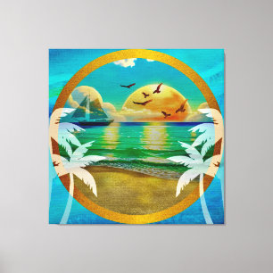 Moderne Tropisch Strand Palmboom Zonsondergang Vak Canvas Afdruk