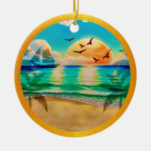Moderne Tropisch Strand Palmboom Zonsondergang Vak Keramisch Ornament