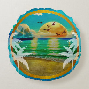 Moderne Tropisch Strand Palmboom Zonsondergang Vak Rond Kussen