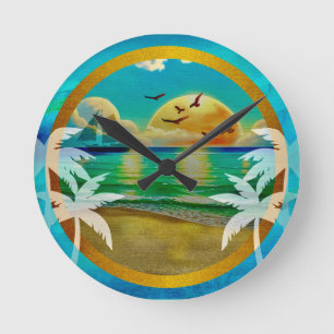 Moderne Tropisch Strand Palmboom Zonsondergang Vak Ronde Klok