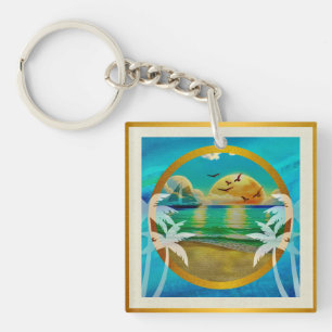 Moderne Tropisch Strand Palmboom Zonsondergang Vak Sleutelhanger