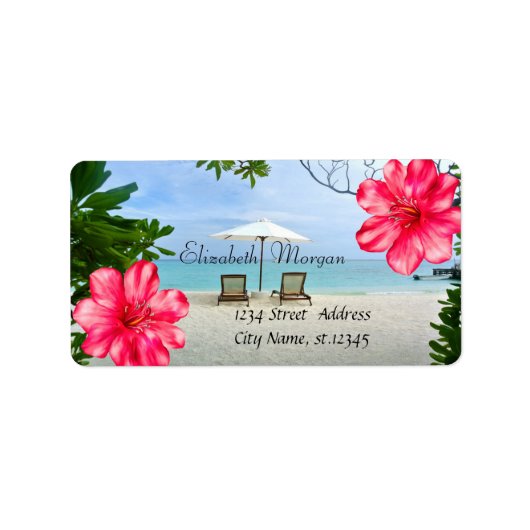 Moderne tropisch strand, stoel, Hibiscus Etiket (Voorkant)