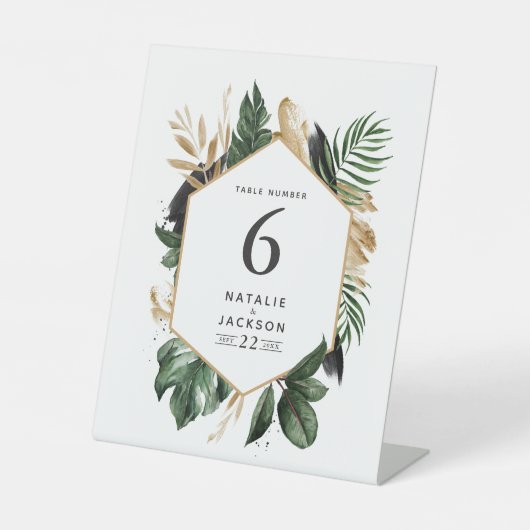 Moderne tropische abstracte trouwtafel nummers reclamebord met voetstuk (Voorkant)