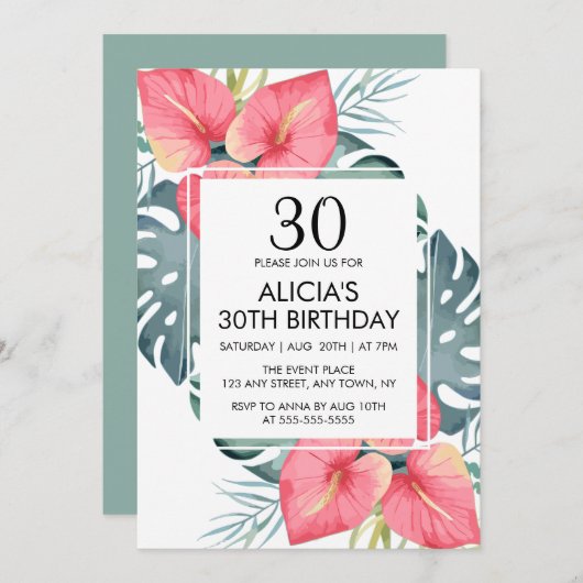 Moderne Tropische Anthurium & Monstera Verjaardag Kaart (Voorkant / Achterkant)