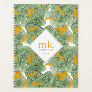 Moderne Tropische Banaan Groen Patroon Monogram Planner