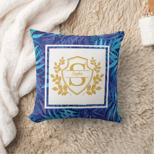 Moderne Tropische Bloem Gouden Crest Initiaal Mono Kussen