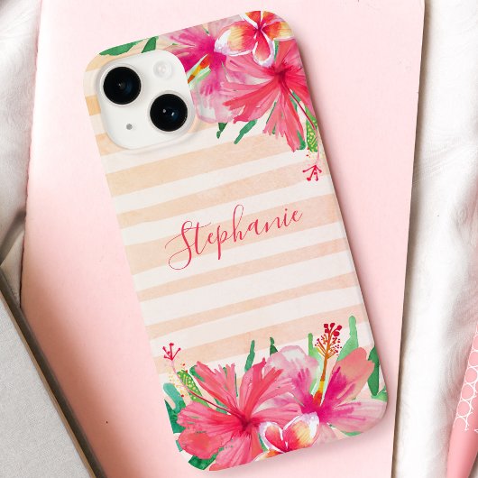 Moderne tropische botanische bloemstrepen monogram Case-Mate iPhone case