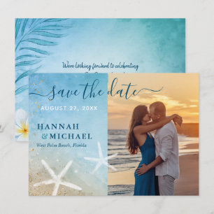 Moderne tropische elegante strand bruiloft foto save the date