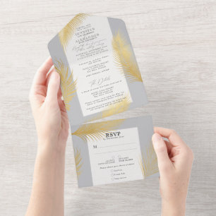 Moderne Tropische Gold Palm Light Grey Wedding All In One Uitnodiging