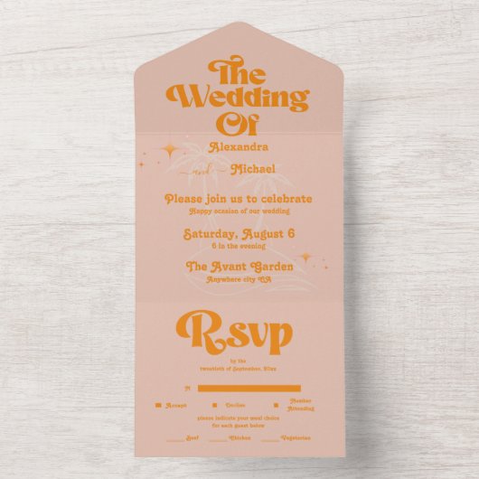 Moderne Tropische Levendige Oranje Bruiloft All In One Uitnodiging (Binnen)