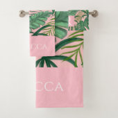 Moderne tropische monogram roze handdoekset bad handdoek (Insitu)