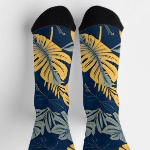 Moderne Tropische Monstera Blad Navy Goud Jungle Sokken