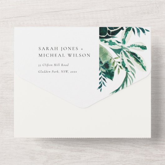 MODERNE TROPISCHE MONSTERA FOLIAGE GROENE WATERVER ALL IN ONE UITNODIGING (Achterkant)