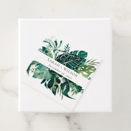 Moderne Tropische Monstera Green Foliage Wedding Bedankjes Labels (In situ)