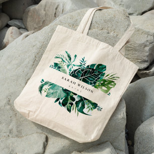 Moderne tropische monstera groene olievloeistof tote bag