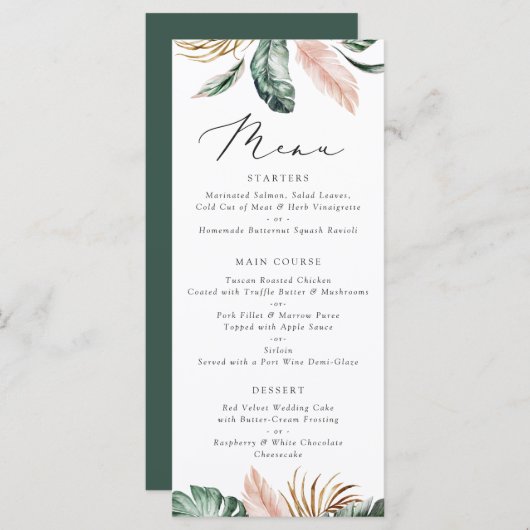 Moderne tropische palm Leaf Typography Blush Weddi Menu (Voorkant / Achterkant)
