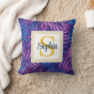 Moderne Tropische Palmblad Script Naam Monogram Kussen