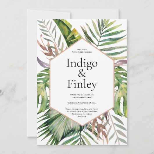Moderne tropische palmbladeren bruiloft kaart (Voorkant)