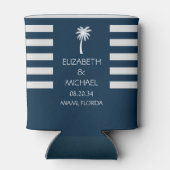 Moderne tropische palmbomen bruiloft marineblauw blikjeskoeler (Achterkant)