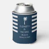 Moderne tropische palmbomen bruiloft marineblauw blikjeskoeler (Blikje Achterkant)