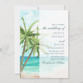 Moderne Tropische Strand en Palm Trees Bruiloft Kaart (Voorkant)