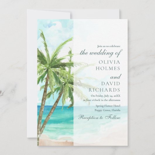 Moderne Tropische Strand en Palm Trees Bruiloft Kaart (Voorkant)