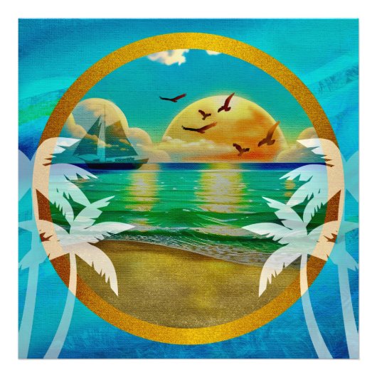 Moderne tropische strand palmbomen zonsondergang v foto afdruk (Voorkant)