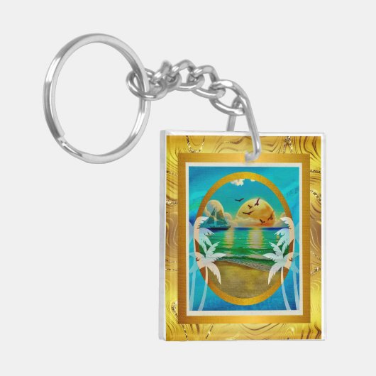 Moderne tropische strand palmbomen zonsondergang v sleutelhanger (Voorkant Links)