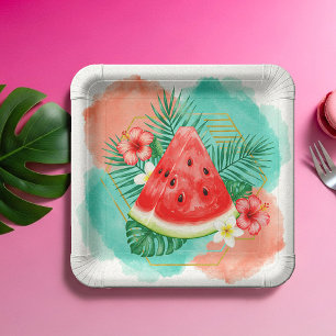 Moderne Tropische Watermeloen & Hibiscus Waterverf Papieren Bordje