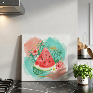 Moderne Tropische Watermeloen & Hibiscus Waterverf Tegeltje
