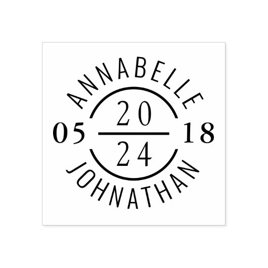 Moderne trouwbadge met namen en datum 	rubberstempel (Afrduk)