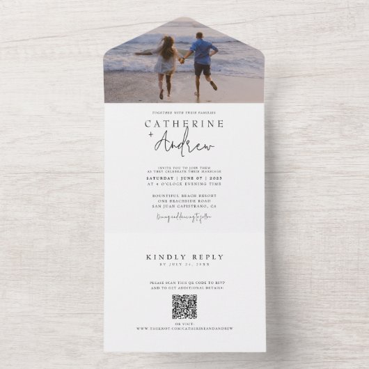 Moderne Trouwfoto QR-code All-in-1 Uitnodiging (Binnen)