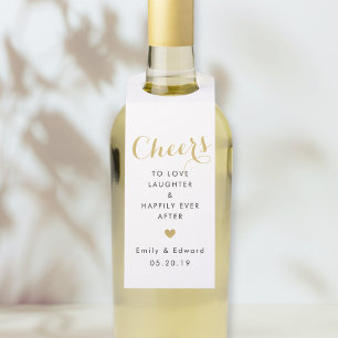 Moderne trouwgunst met gouden hart en Cheers  Flessenhanger