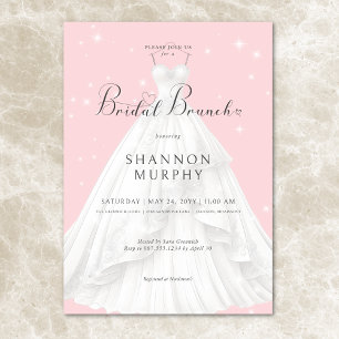 Moderne trouwjurk op roze sparkle bruids brunch kaart