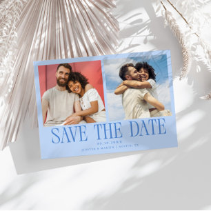 Moderne Trouwkaart Icy Blue met 2 foto's Save The Date