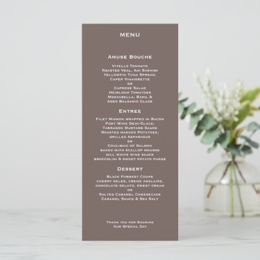 Moderne Trouwmenu met Boomstam Menu (Staand voorkant)
